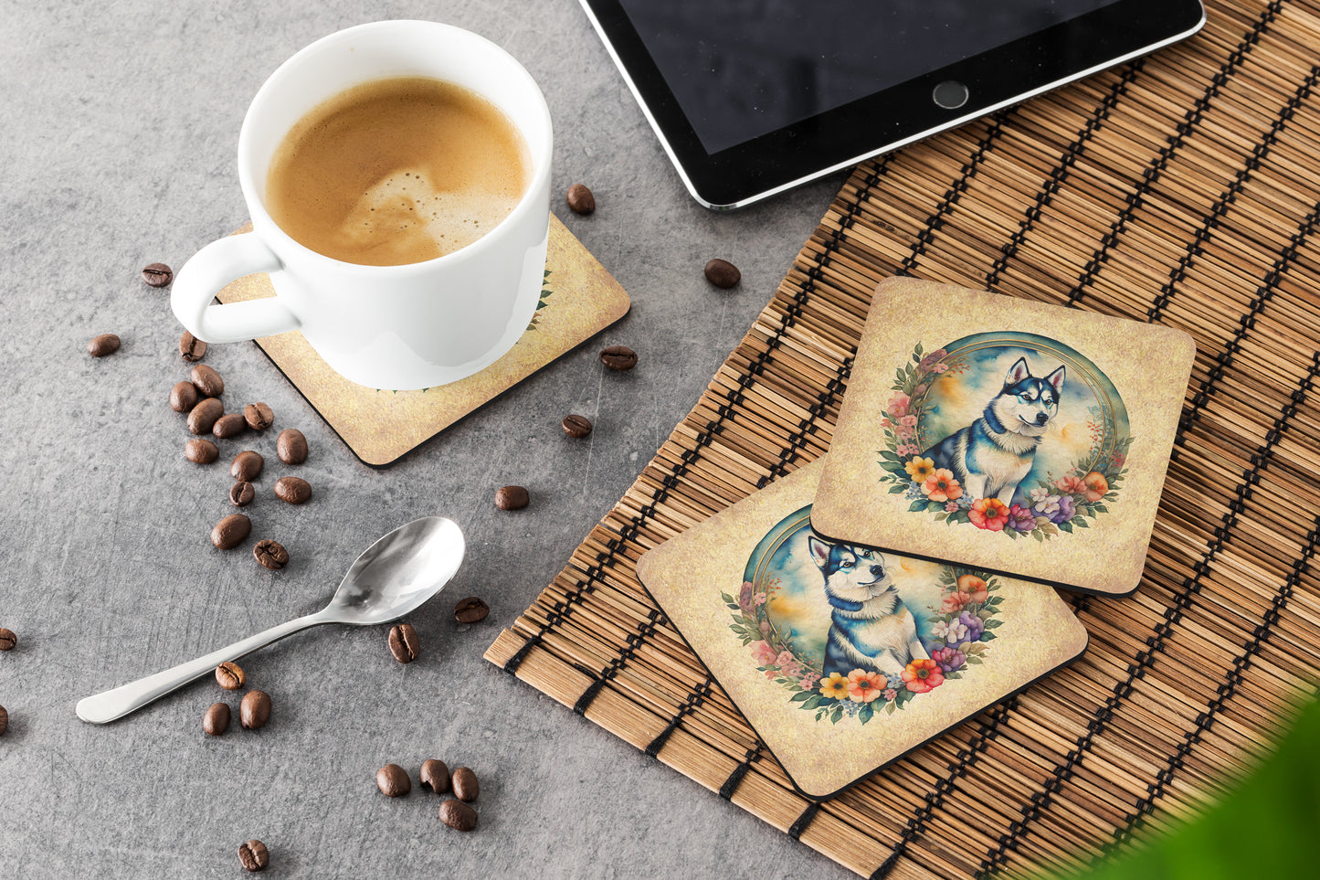 Siberian Husky and Flowers Foam Coasters