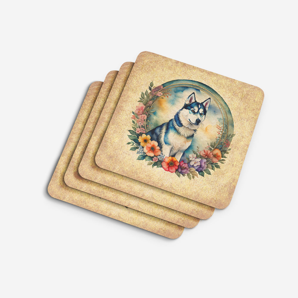 Siberian Husky and Flowers Foam Coasters