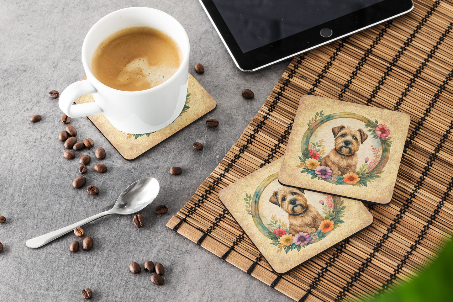 Wheaten Terrier and Flowers Foam Coasters