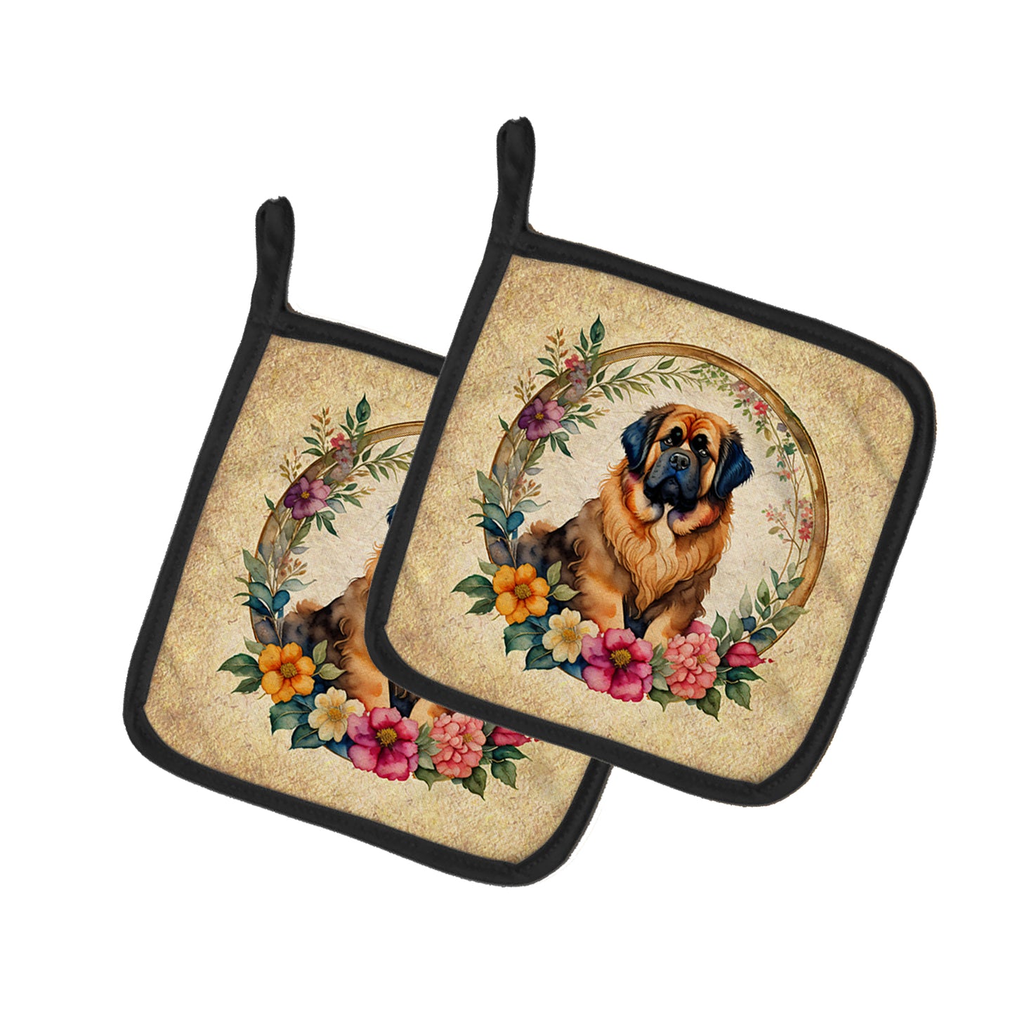 Buy this Tibetan Mastiff and Flowers Pair of Pot Holders