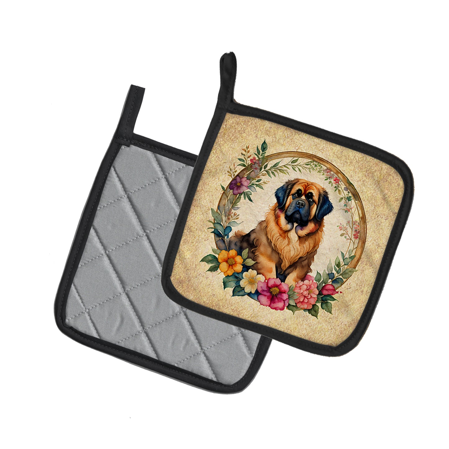 Tibetan Mastiff and Flowers Pair of Pot Holders