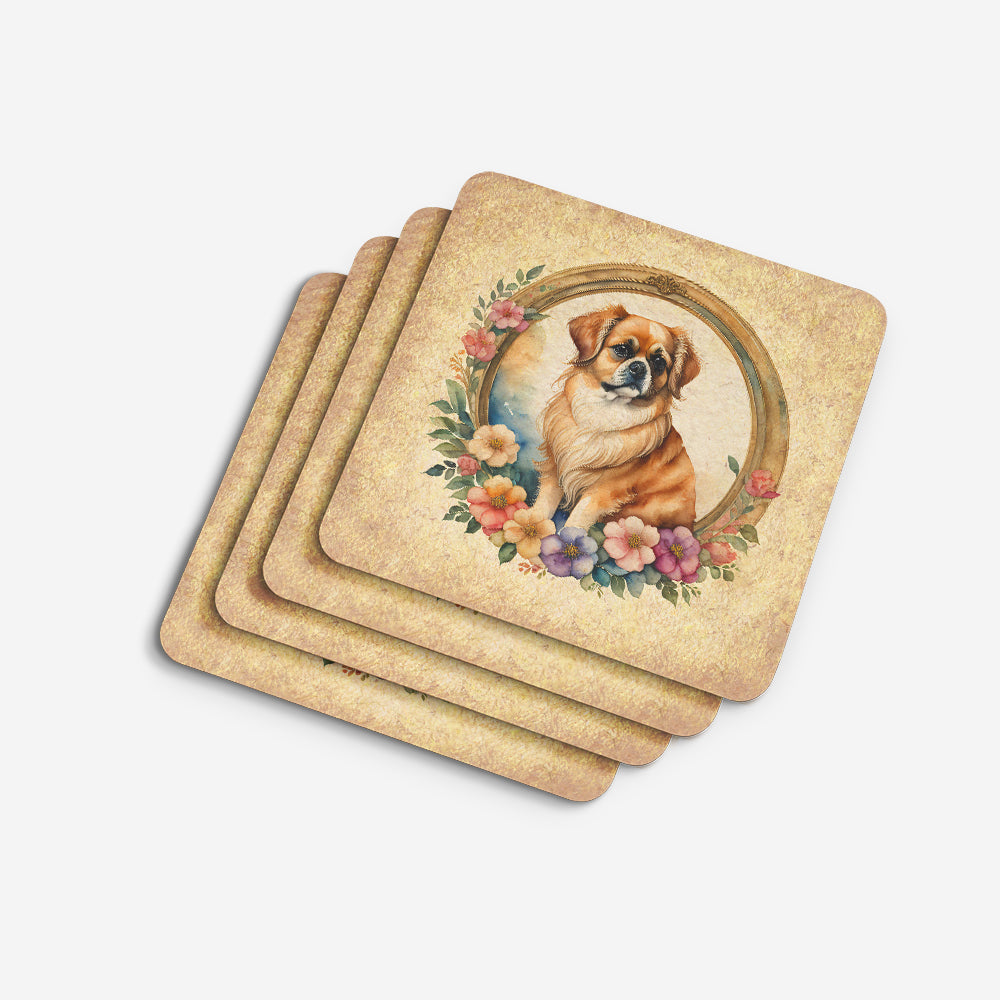 Tibetan Spaniel and Flowers Foam Coasters