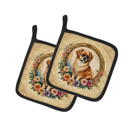 Buy this Tibetan Spaniel and Flowers Pair of Pot Holders