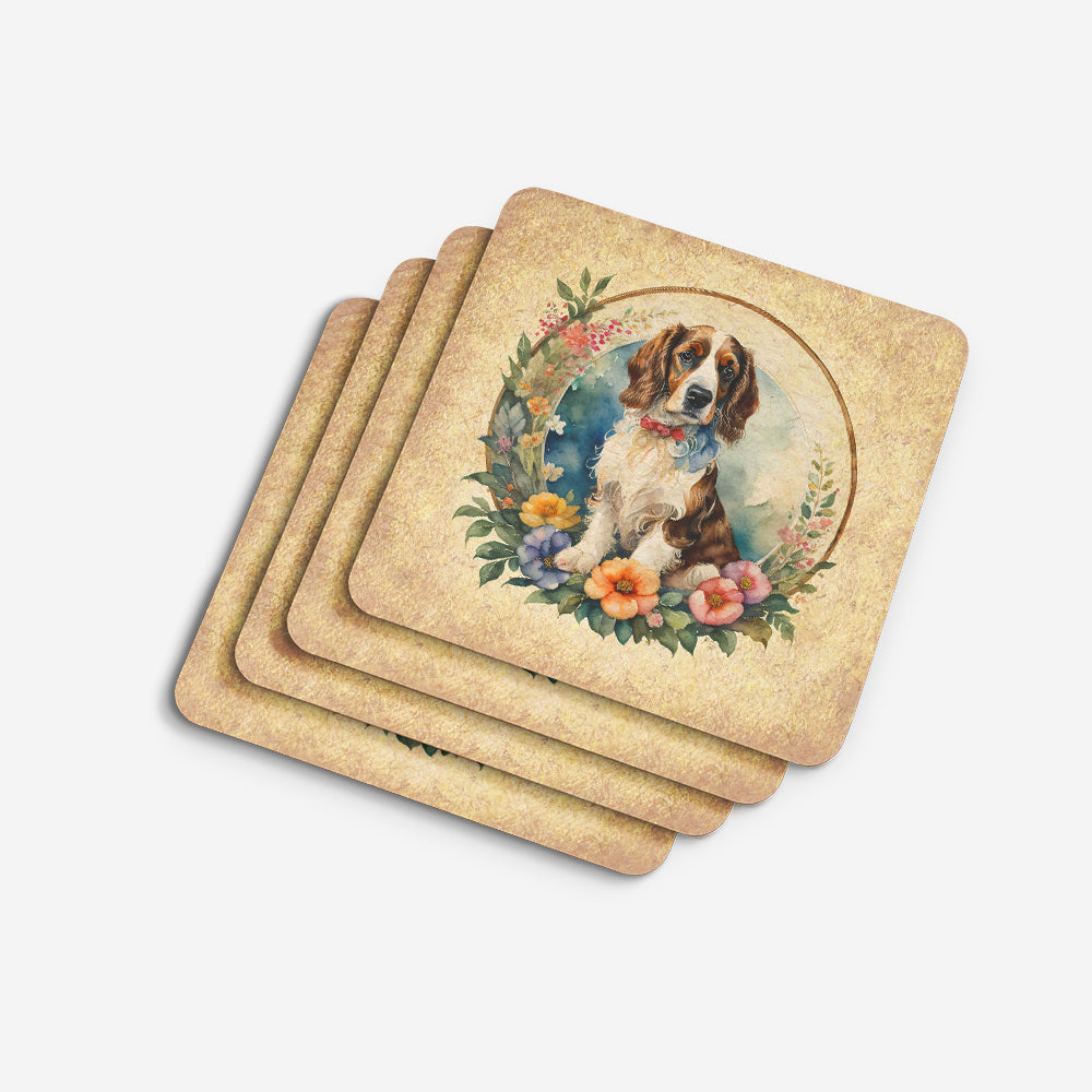 Welsh Springer Spaniel and Flowers Foam Coasters