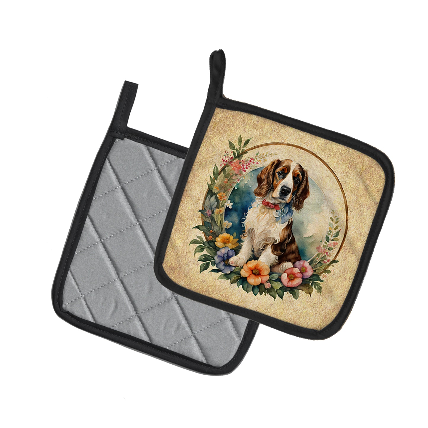 Welsh Springer Spaniel and Flowers Pair of Pot Holders