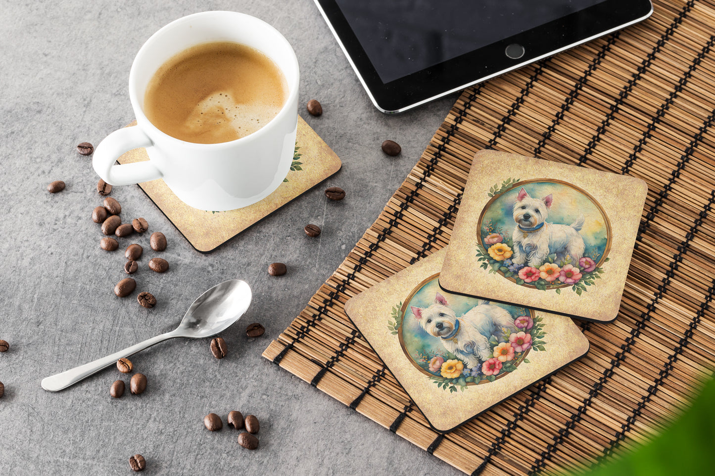 Westie and Flowers Foam Coasters