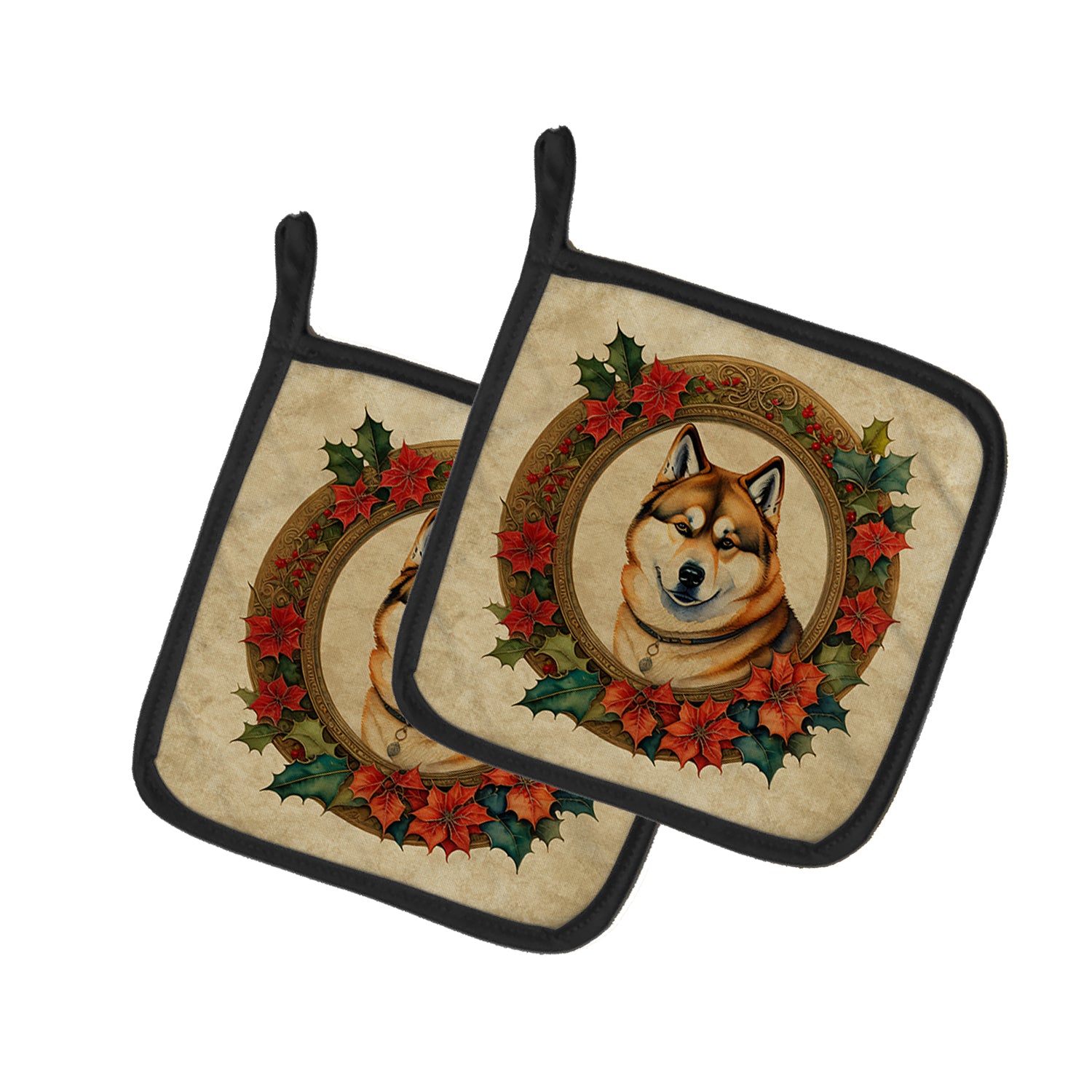 Buy this Akita Christmas Flowers Pair of Pot Holders