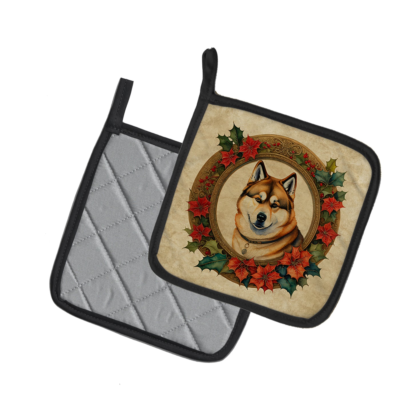 Akita Christmas Flowers Pair of Pot Holders