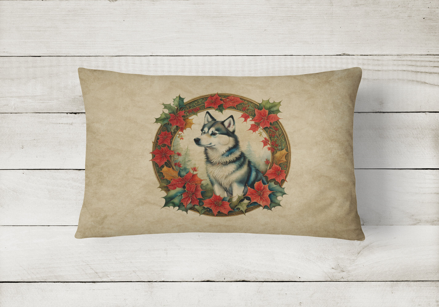 Alaskan Klee Kai Christmas Flowers Throw Pillow