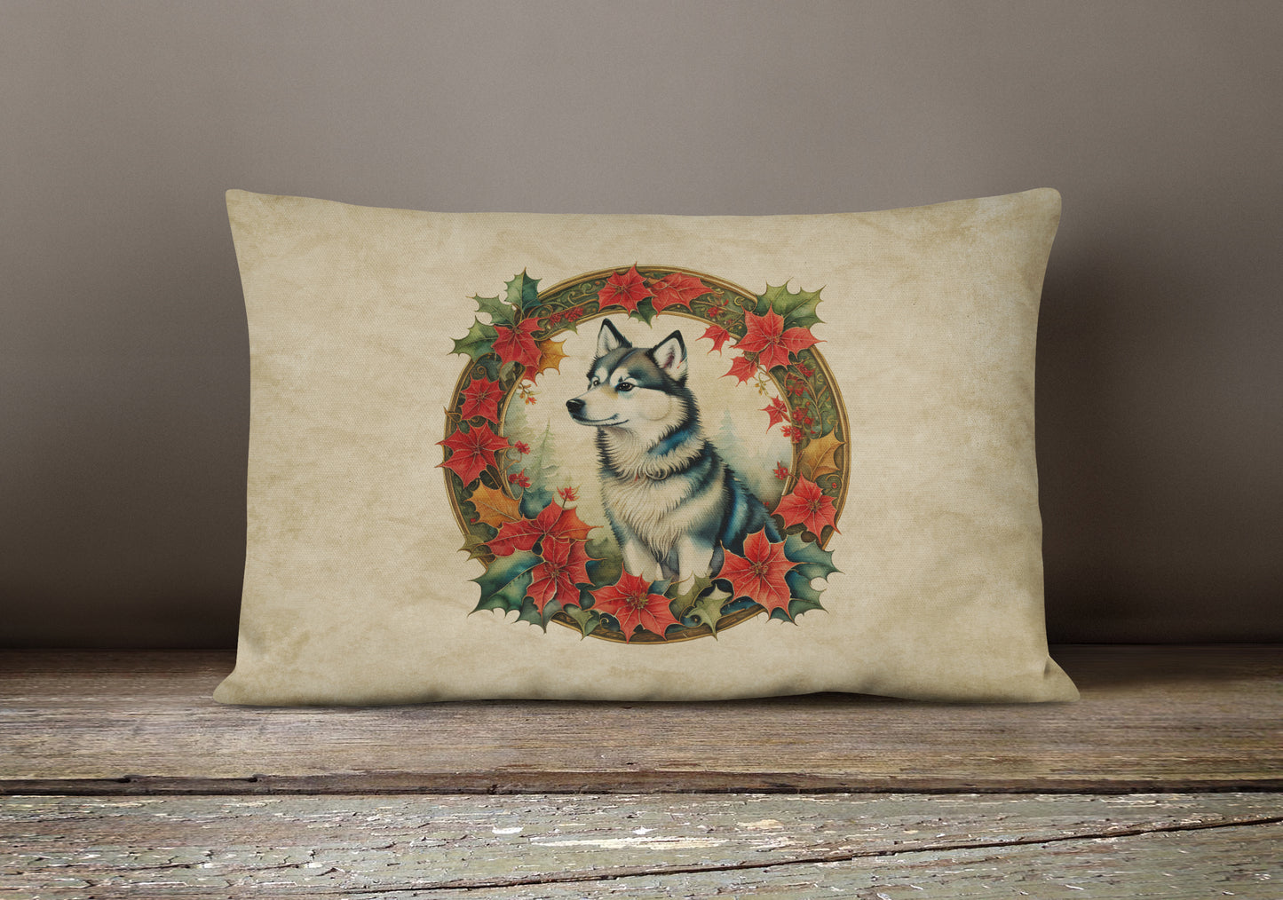 Alaskan Klee Kai Christmas Flowers Throw Pillow