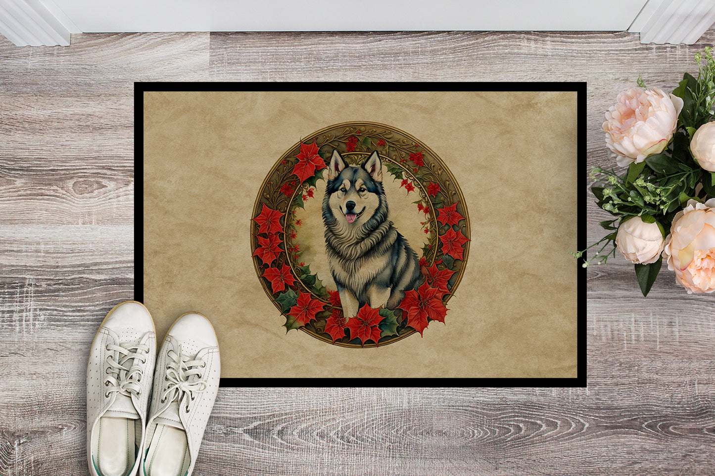 Alaskan Malamute Christmas Flowers Doormat