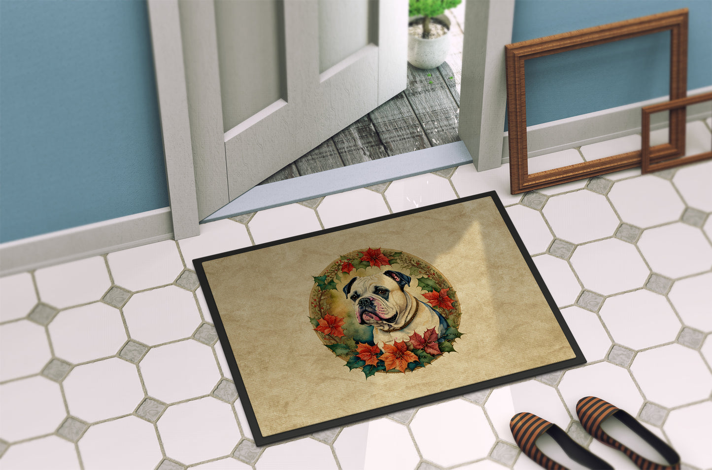 American Bulldog Christmas Flowers Doormat