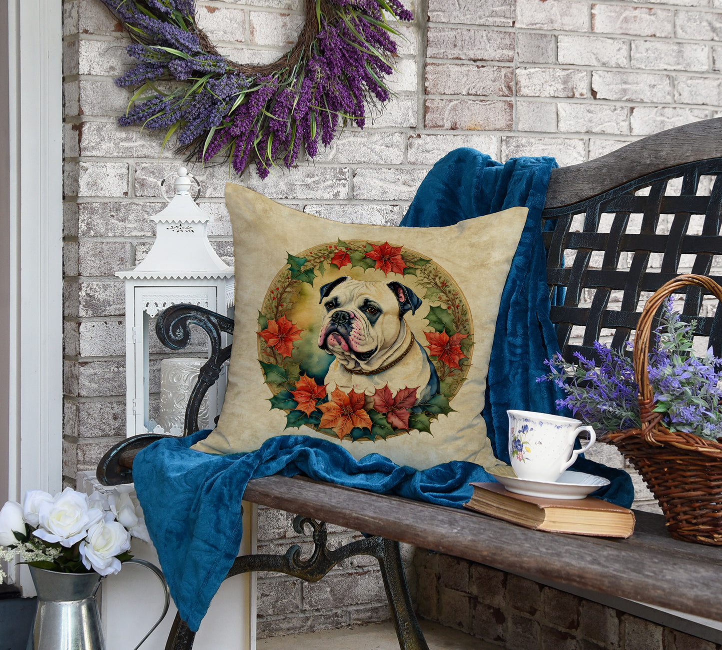 American Bulldog Christmas Flowers Throw Pillow