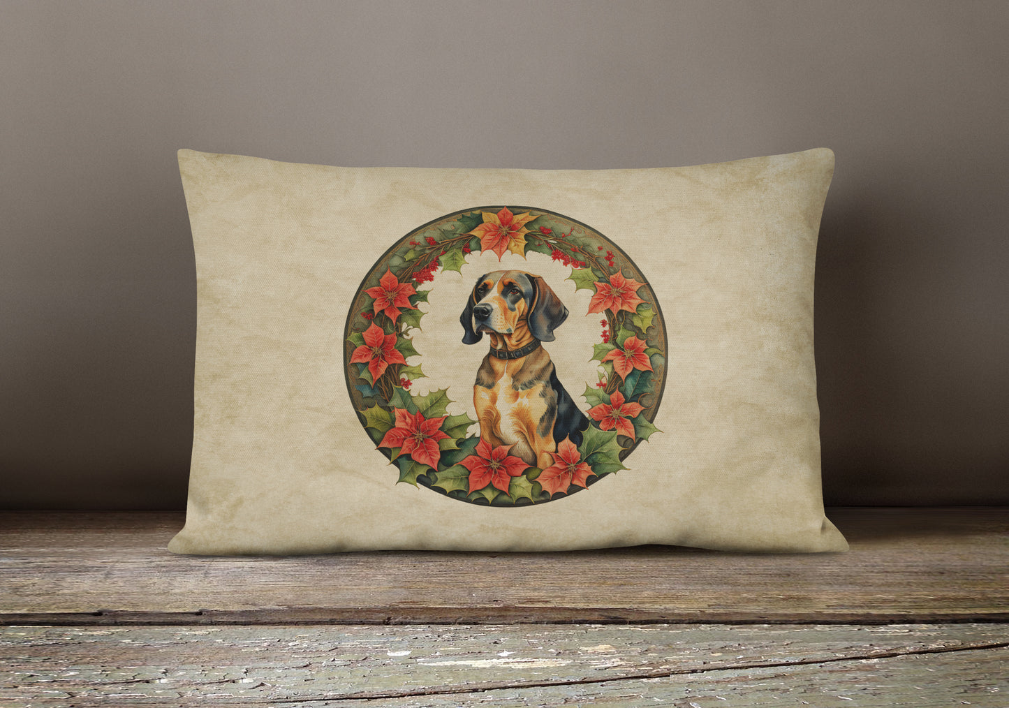 American English Coonhound Christmas Flowers Throw Pillow