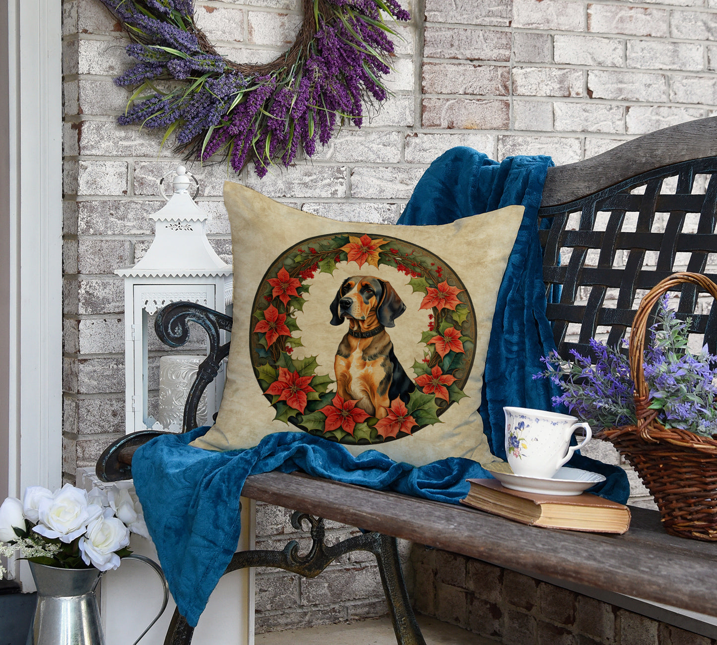 American English Coonhound Christmas Flowers Throw Pillow