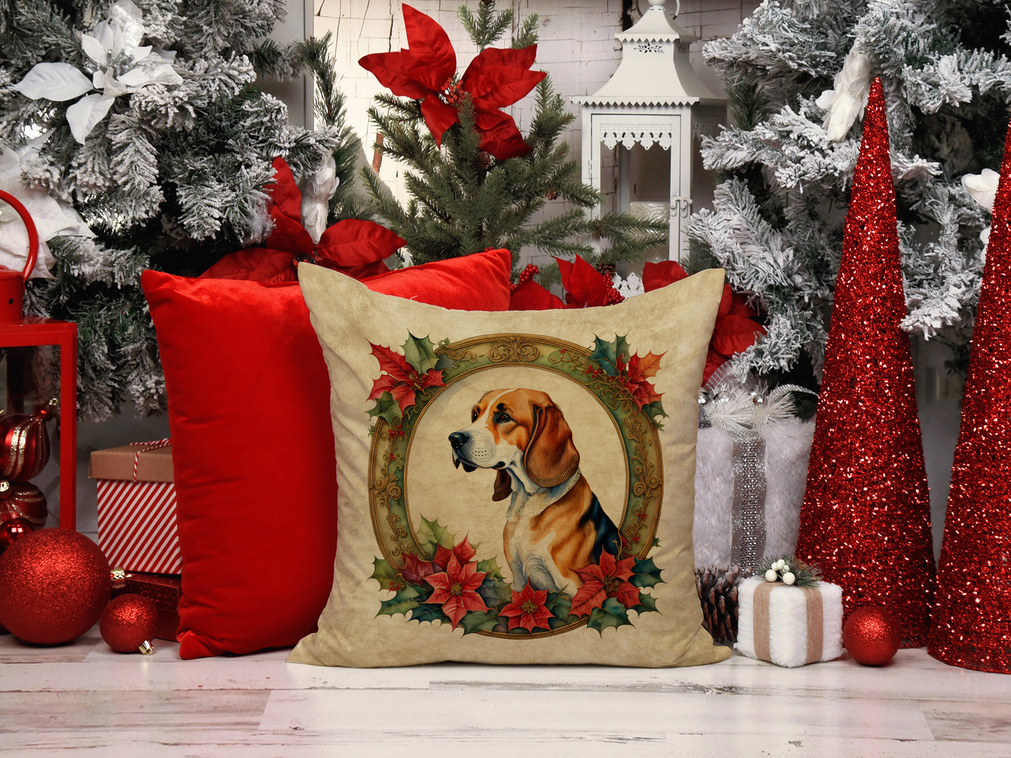 American Foxhound Christmas Flowers Throw Pillow
