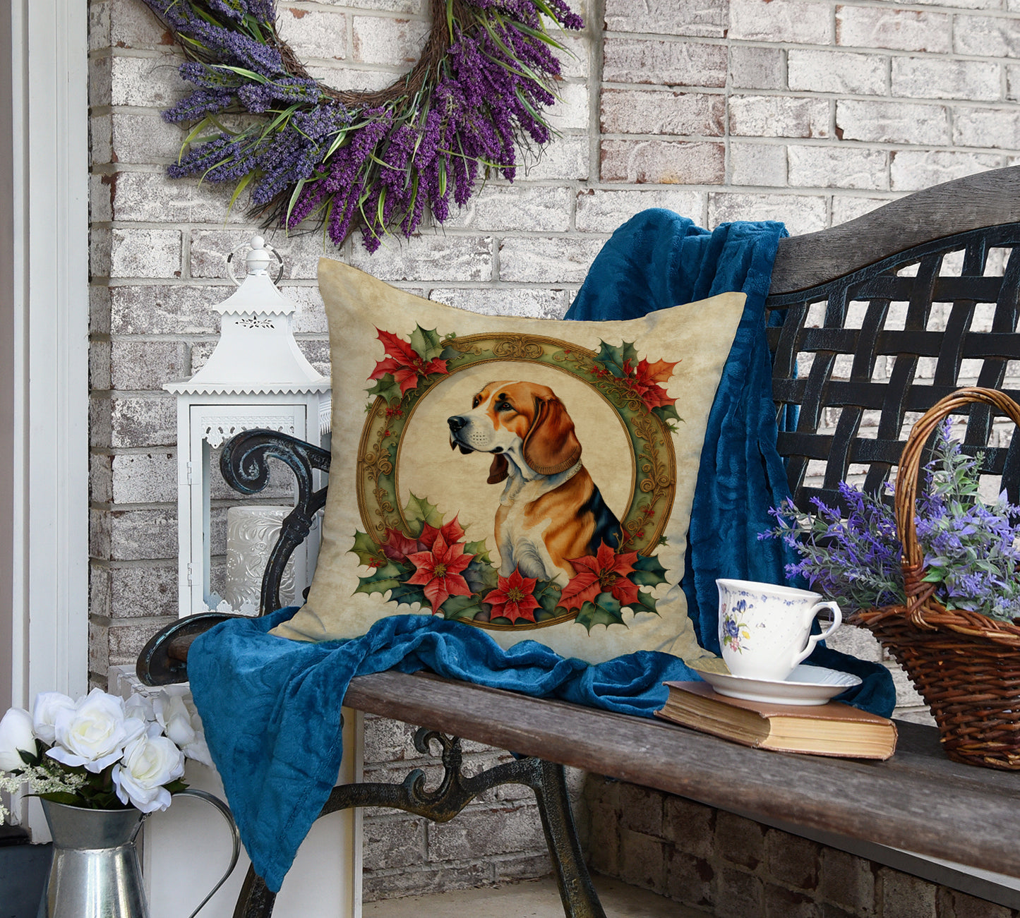 American Foxhound Christmas Flowers Throw Pillow