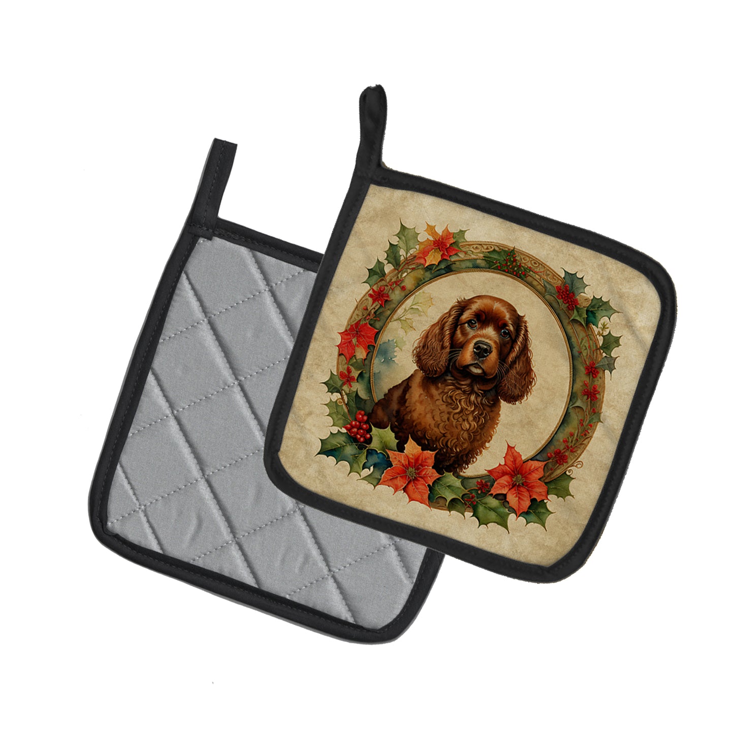 American Water Spaniel Christmas Flowers Pair of Pot Holders