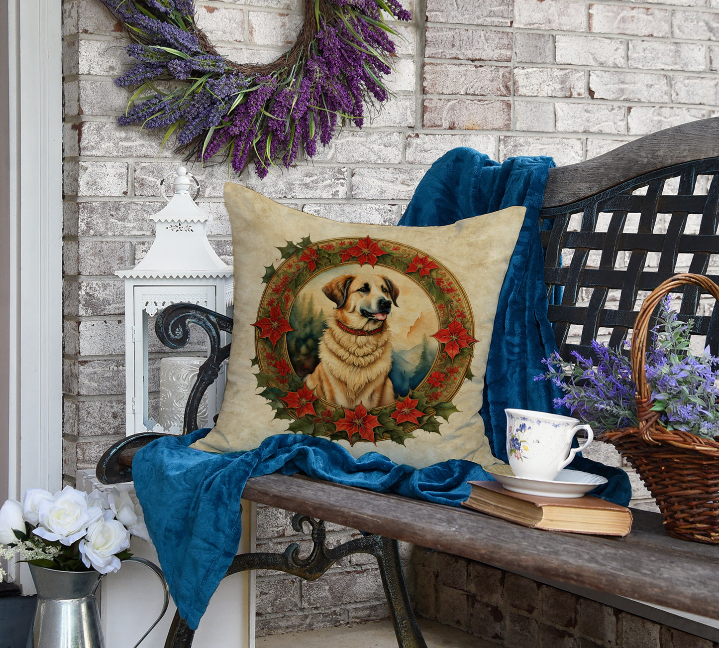 Anatolian Shepherd Dog Christmas Flowers Throw Pillow