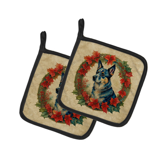 Buy this Australian Cattle Dog Christmas Flowers Pair of Pot Holders