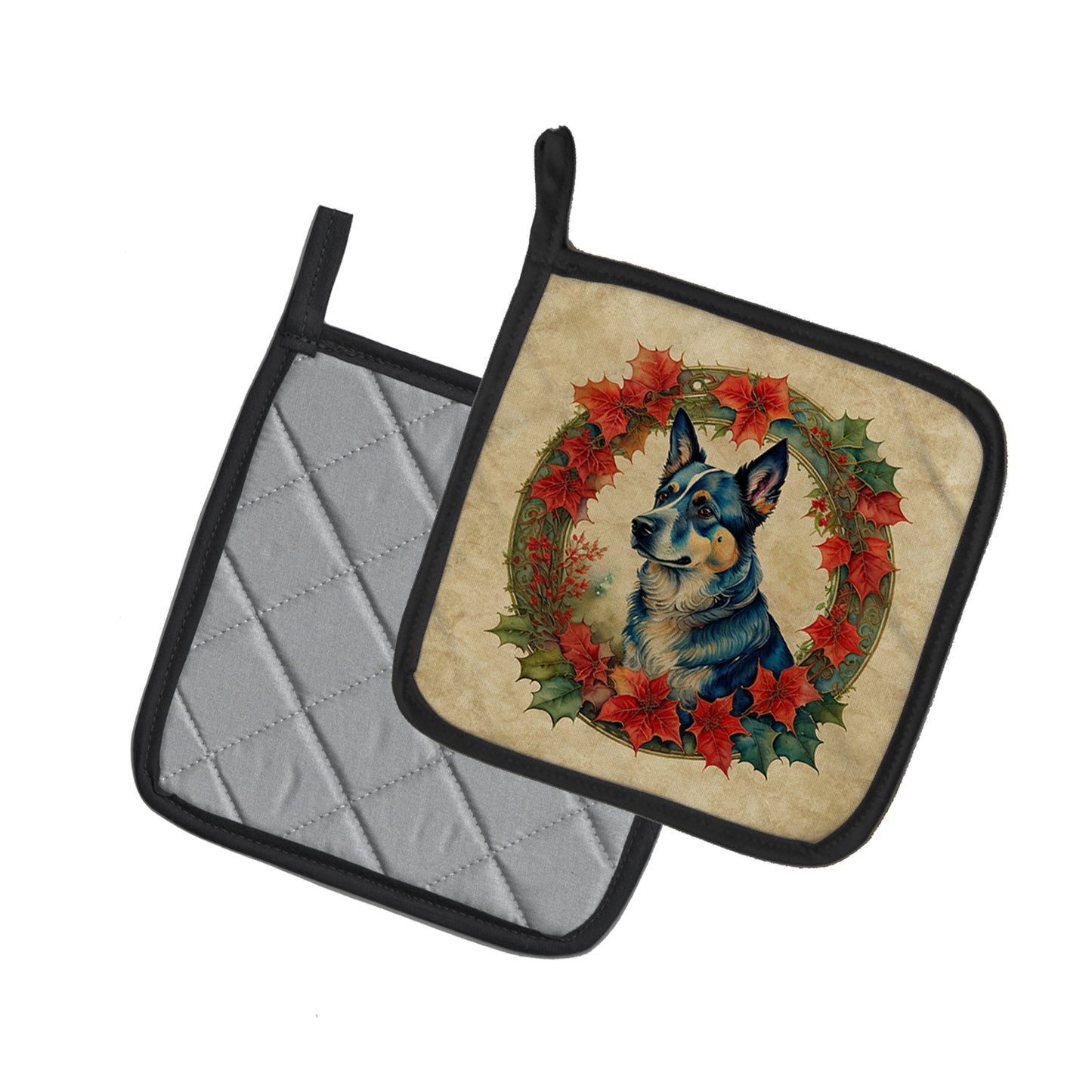 Australian Cattle Dog Christmas Flowers Pair of Pot Holders