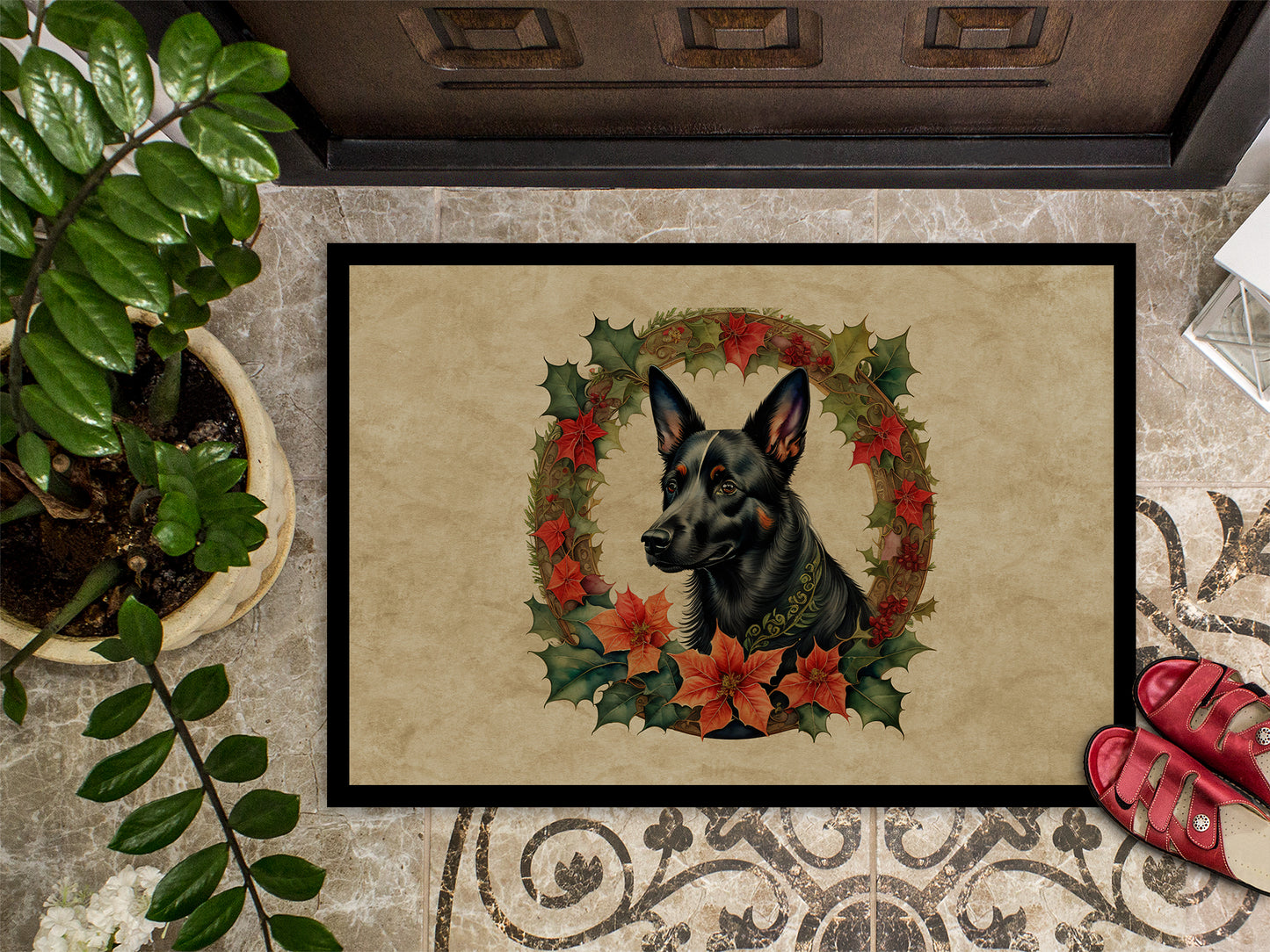 Australian Kelpie Christmas Flowers Doormat