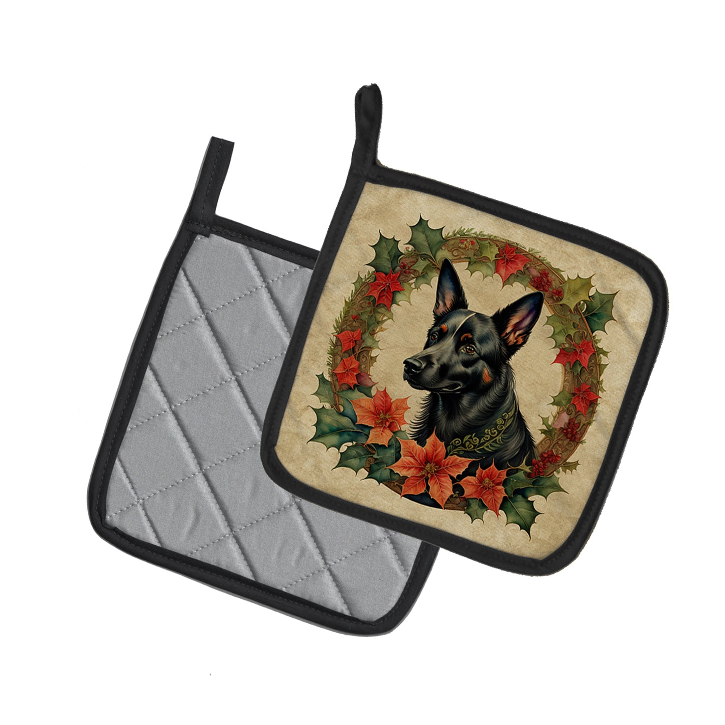 Australian Kelpie Christmas Flowers Pair of Pot Holders