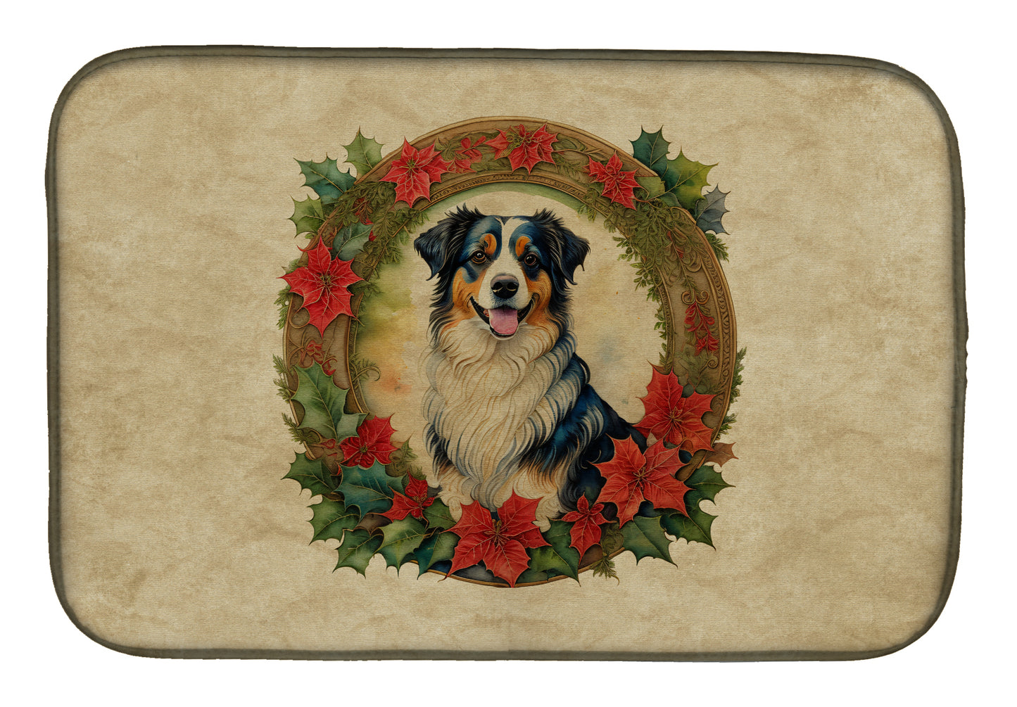 Buy this Australian Shepherd Christmas Flowers Dish Drying Mat