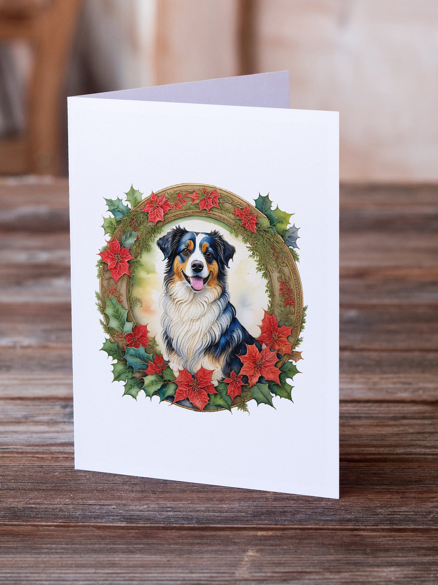 Australian Shepherd Christmas Flowers Greeting Cards Pack of 8