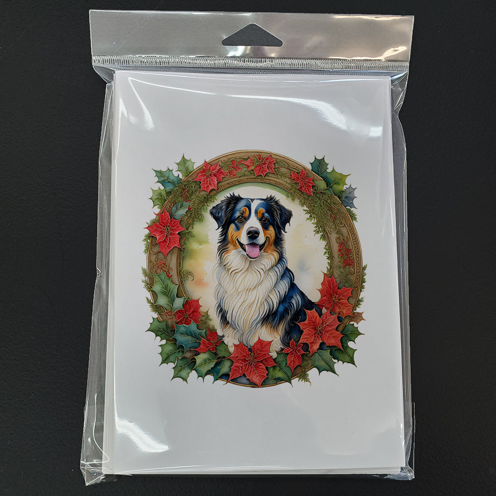 Australian Shepherd Christmas Flowers Greeting Cards Pack of 8