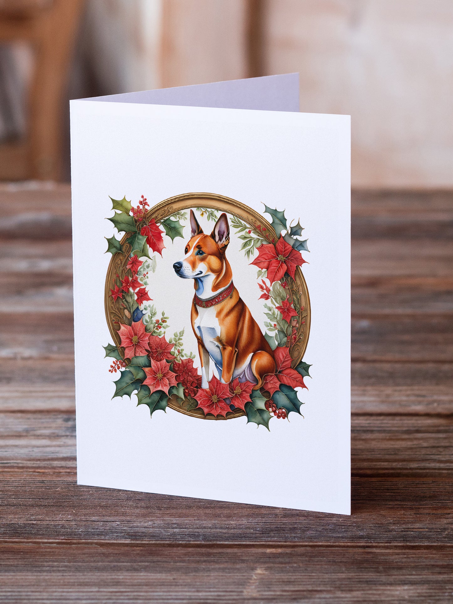 Basenji Christmas Flowers Greeting Cards Pack of 8