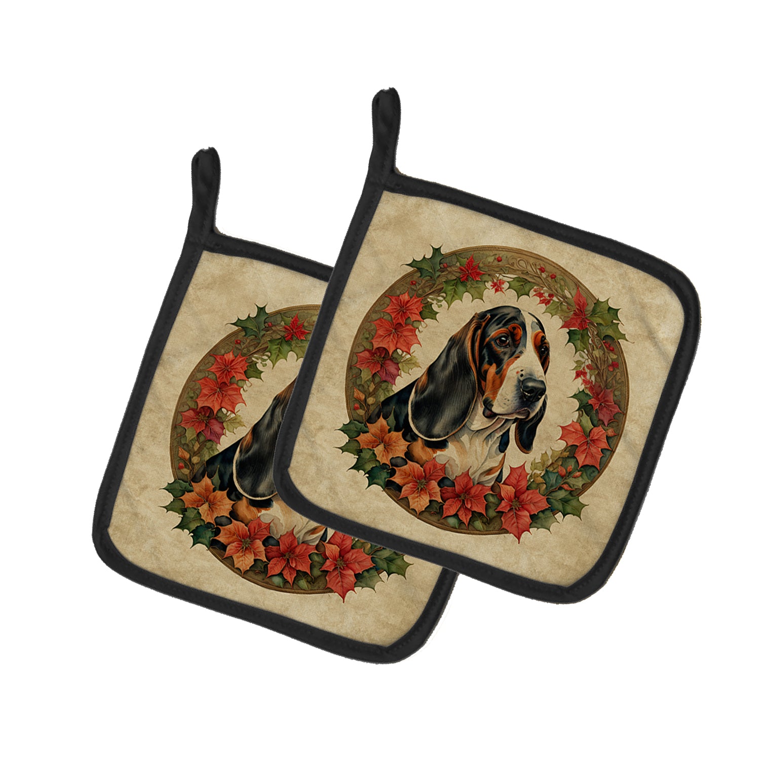 Buy this Basset Hound Christmas Flowers Pair of Pot Holders