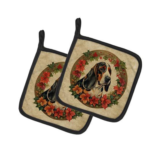 Buy this Basset Hound Christmas Flowers Pair of Pot Holders