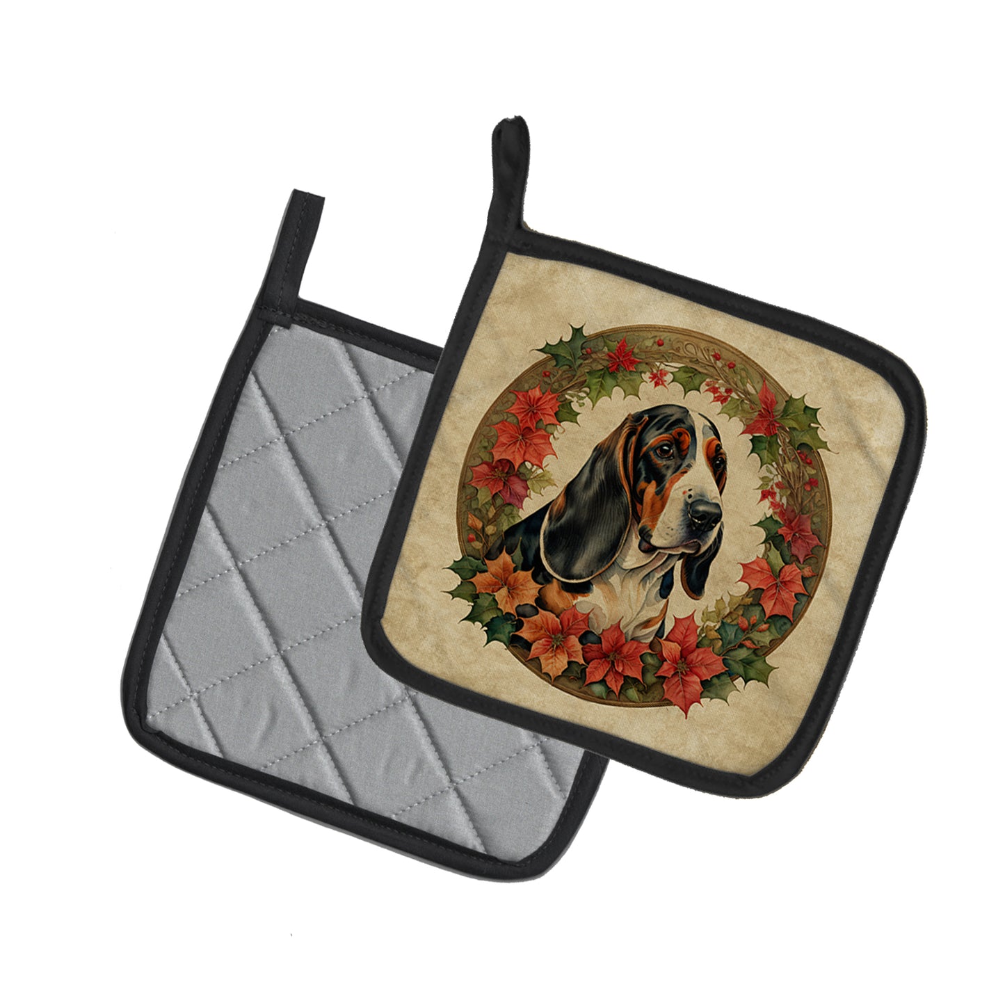 Basset Hound Christmas Flowers Pair of Pot Holders