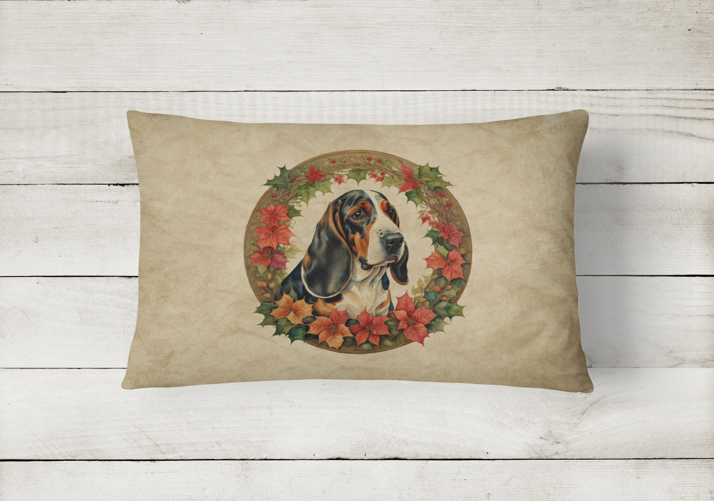 Basset Hound Christmas Flowers Throw Pillow