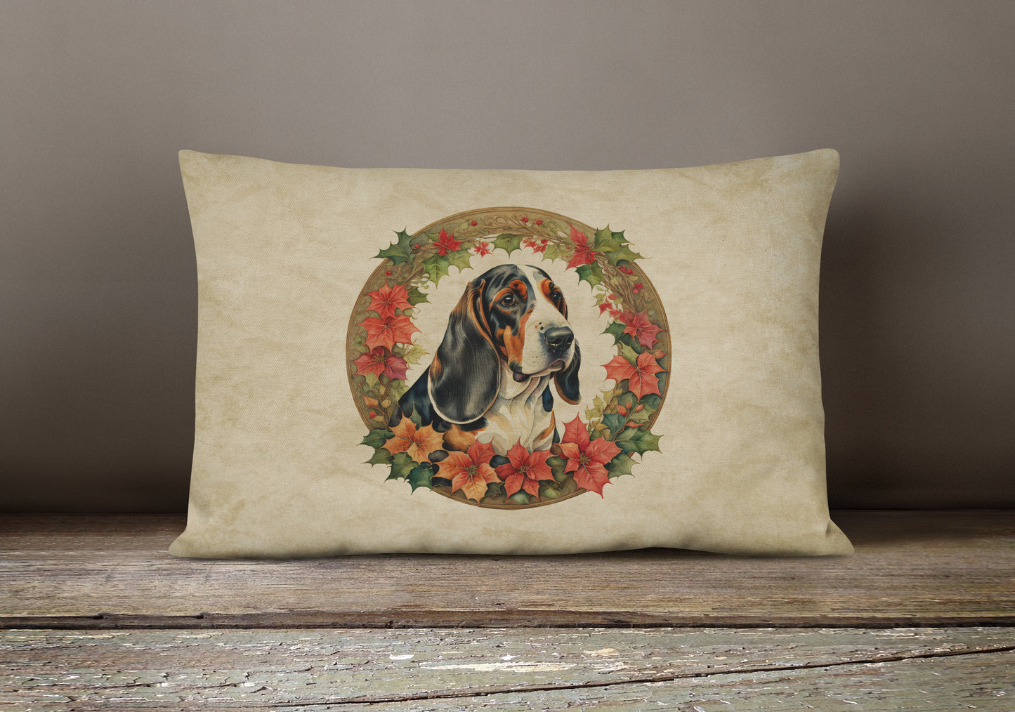 Basset Hound Christmas Flowers Throw Pillow