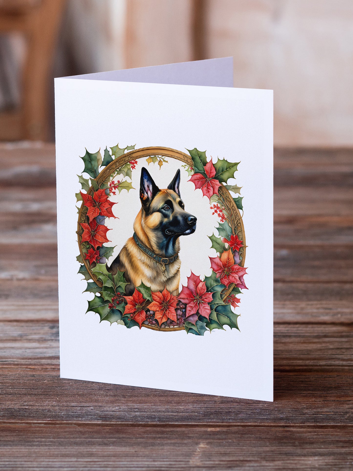 Belgian Malinois Christmas Flowers Greeting Cards Pack of 8