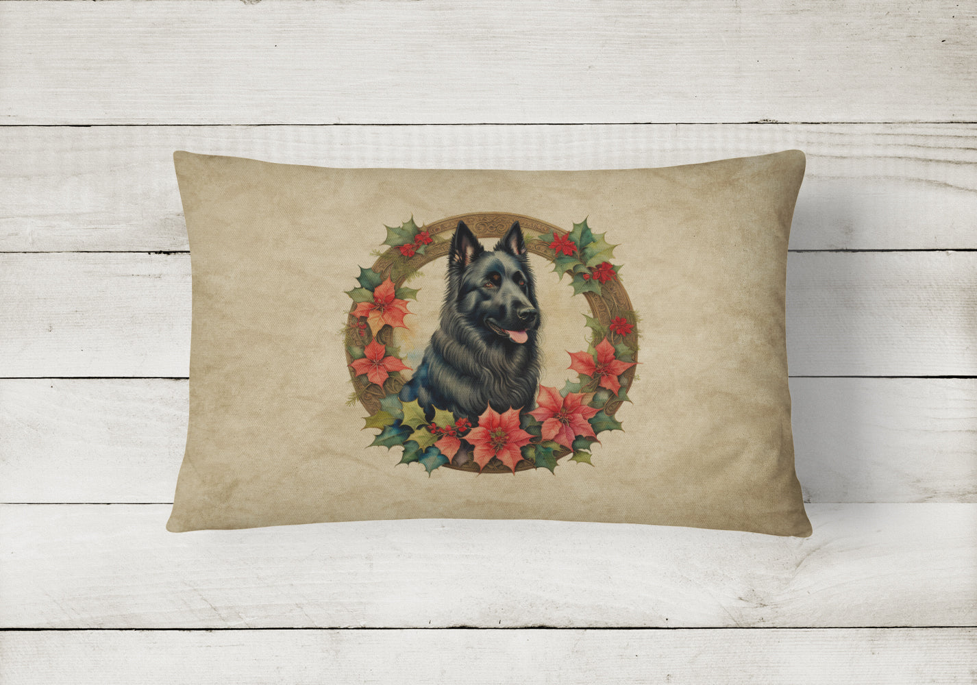 Belgian Sheepdog Christmas Flowers Throw Pillow