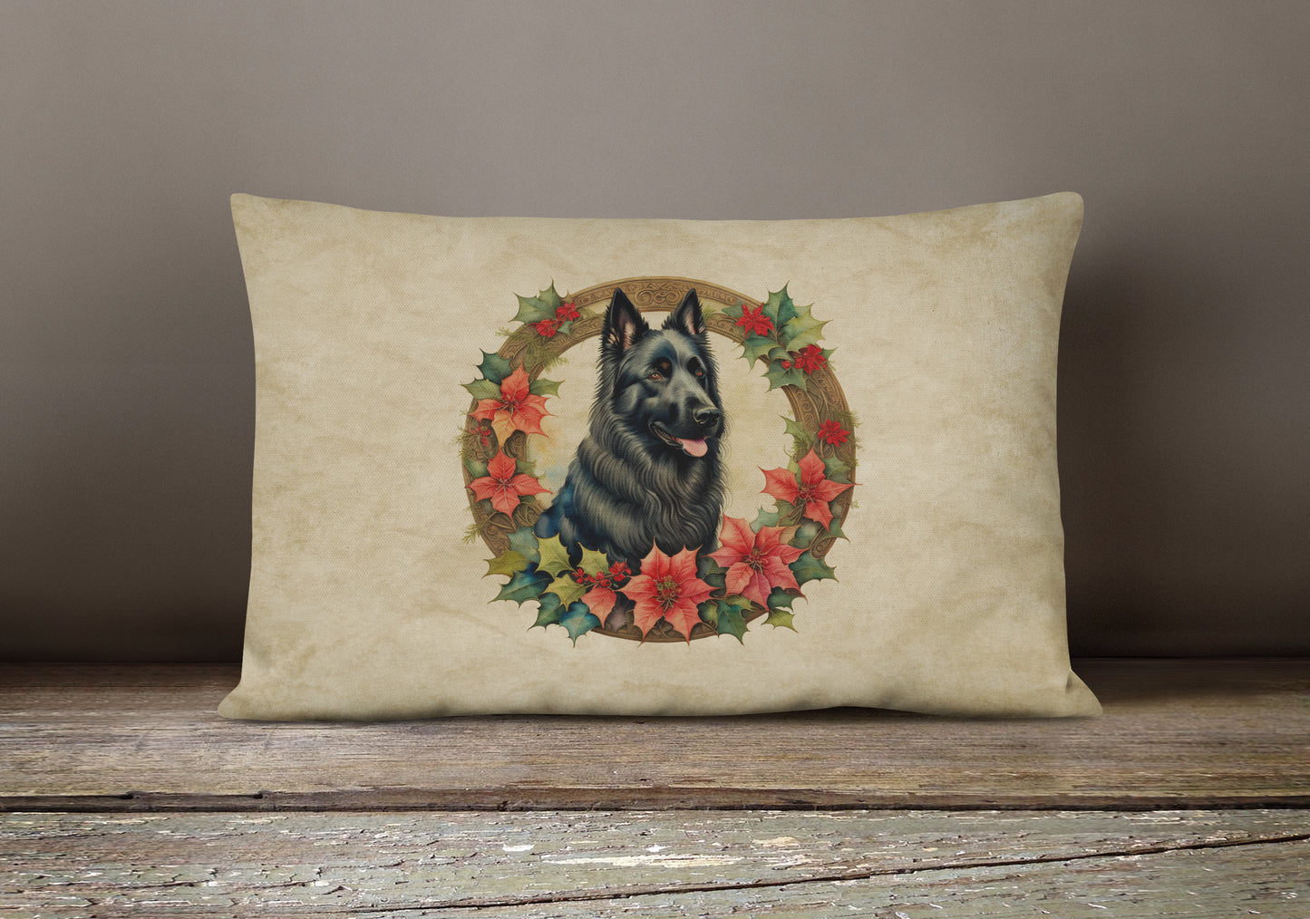 Belgian Sheepdog Christmas Flowers Throw Pillow