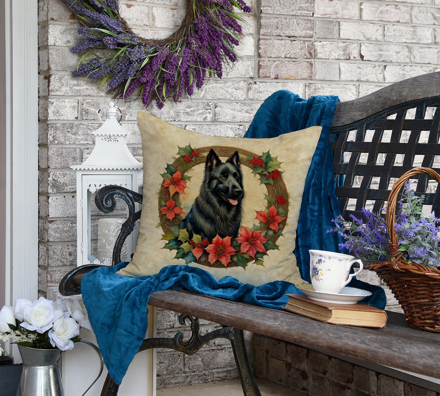 Belgian Sheepdog Christmas Flowers Throw Pillow