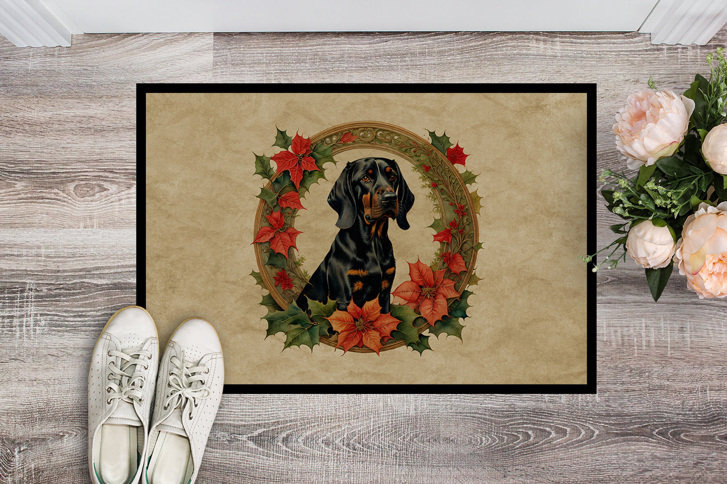 Black and Tan Coonhound Christmas Flowers Doormat