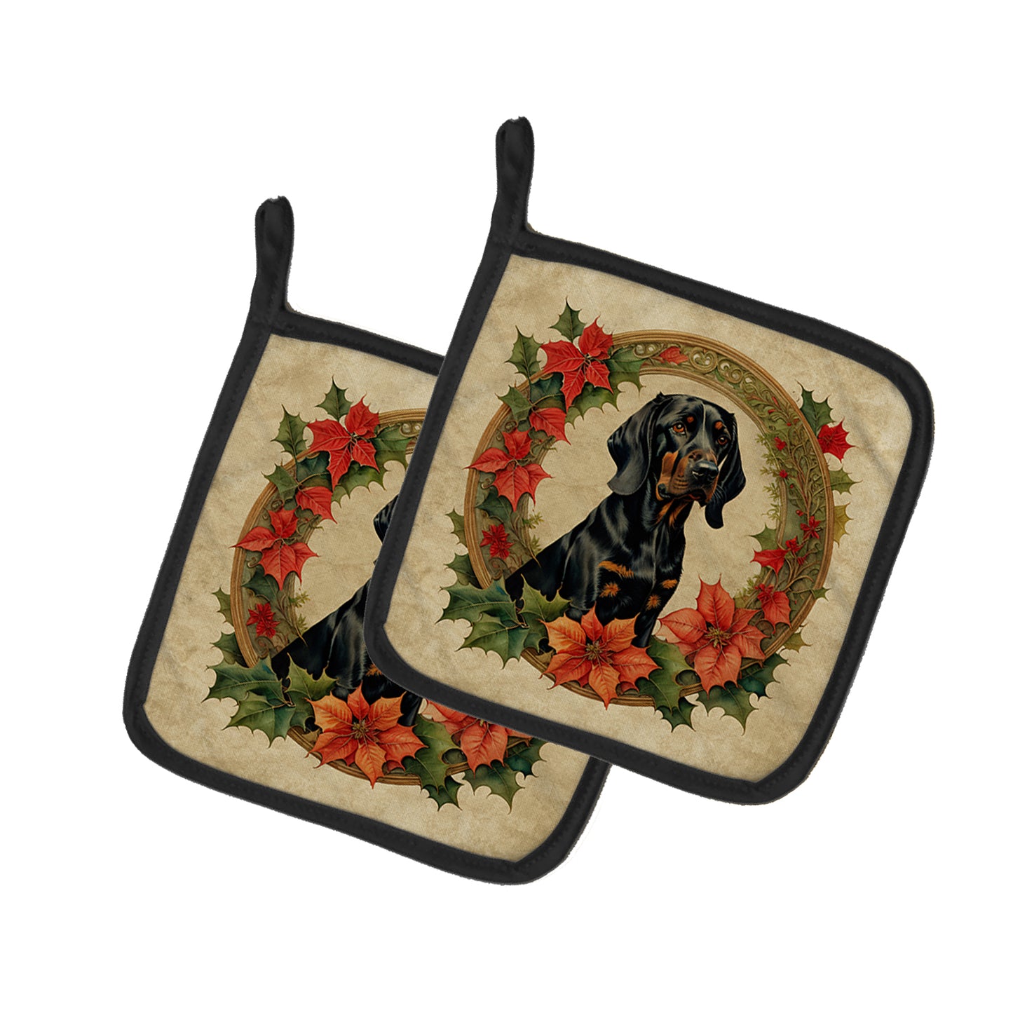 Buy this Black and Tan Coonhound Christmas Flowers Pair of Pot Holders