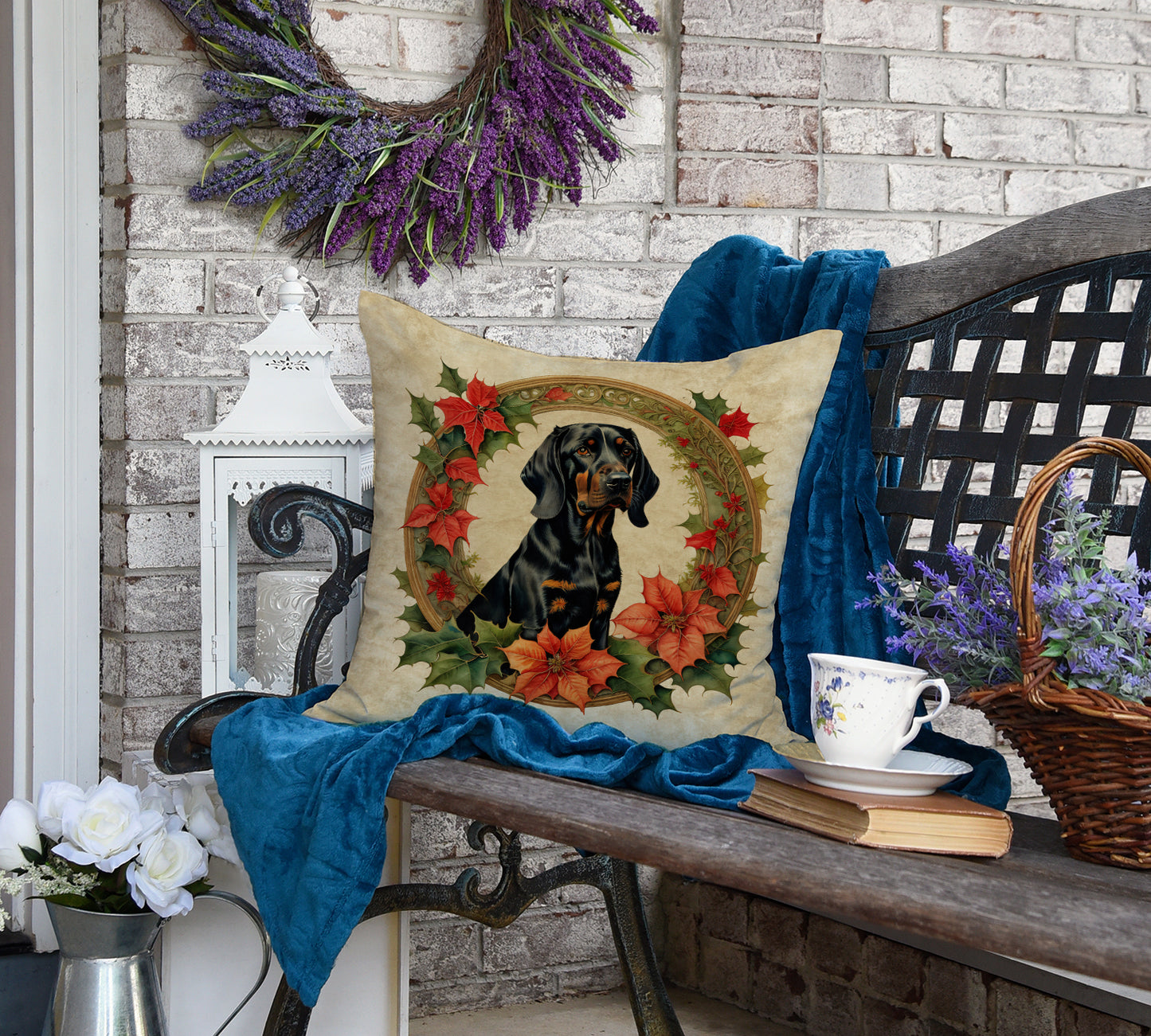 Black and Tan Coonhound Christmas Flowers Throw Pillow
