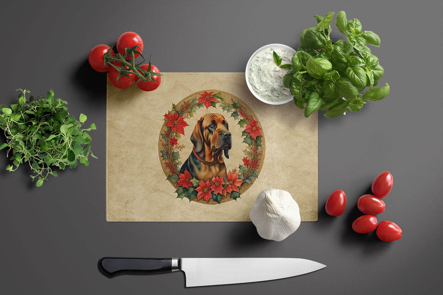 Bloodhound Christmas Flowers Glass Cutting Board