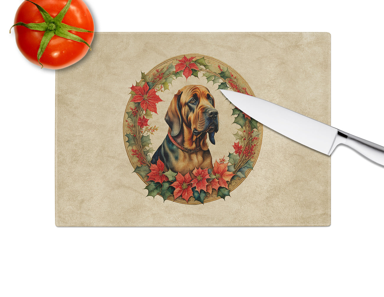 Bloodhound Christmas Flowers Glass Cutting Board