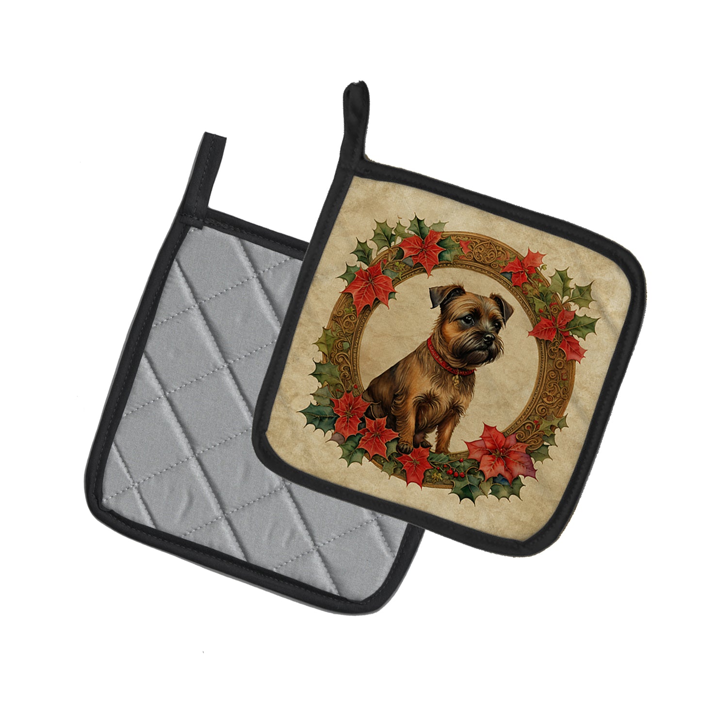 Border Terrier Christmas Flowers Pair of Pot Holders