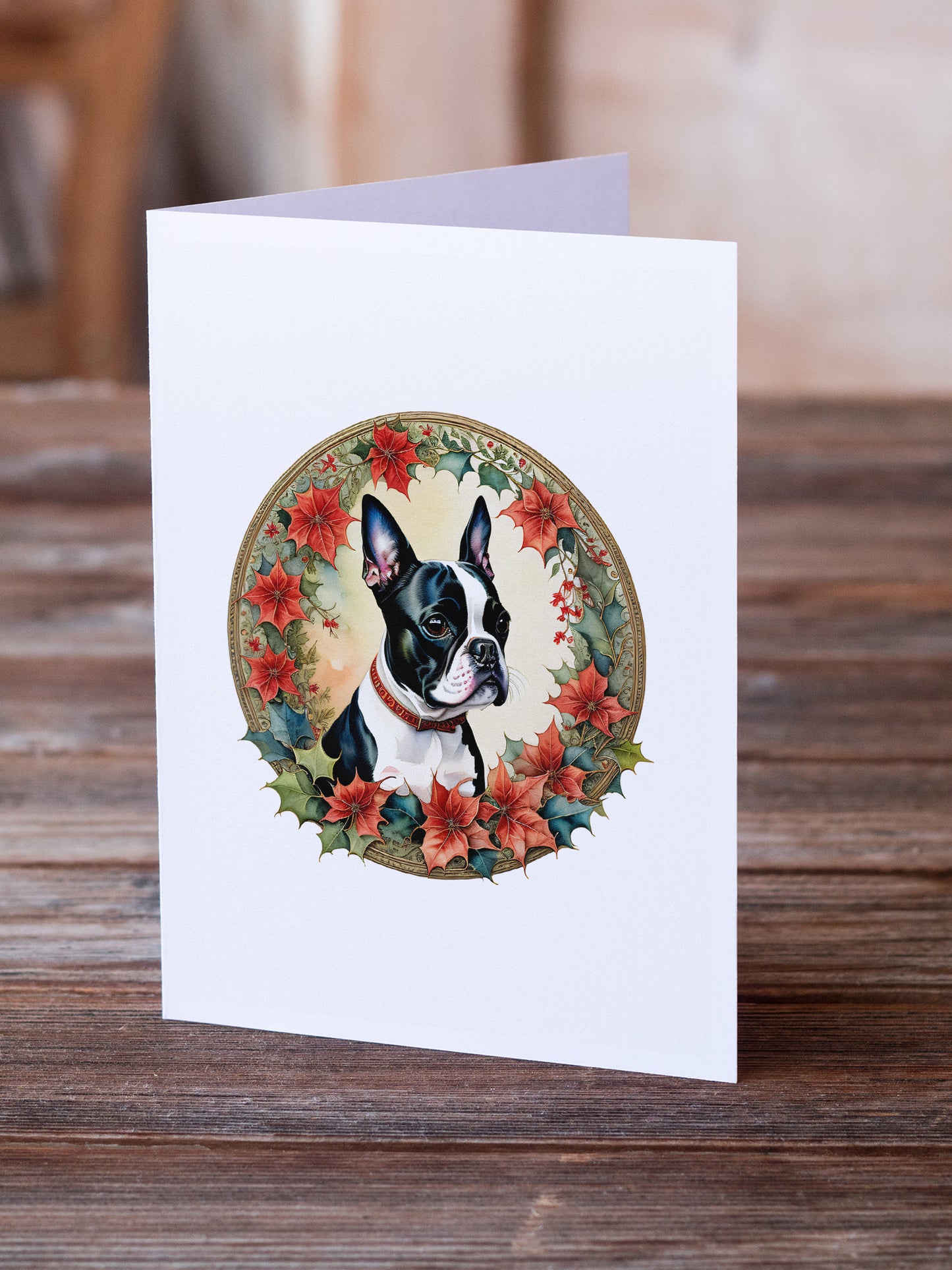 Boston Terrier Christmas Flowers Greeting Cards Pack of 8