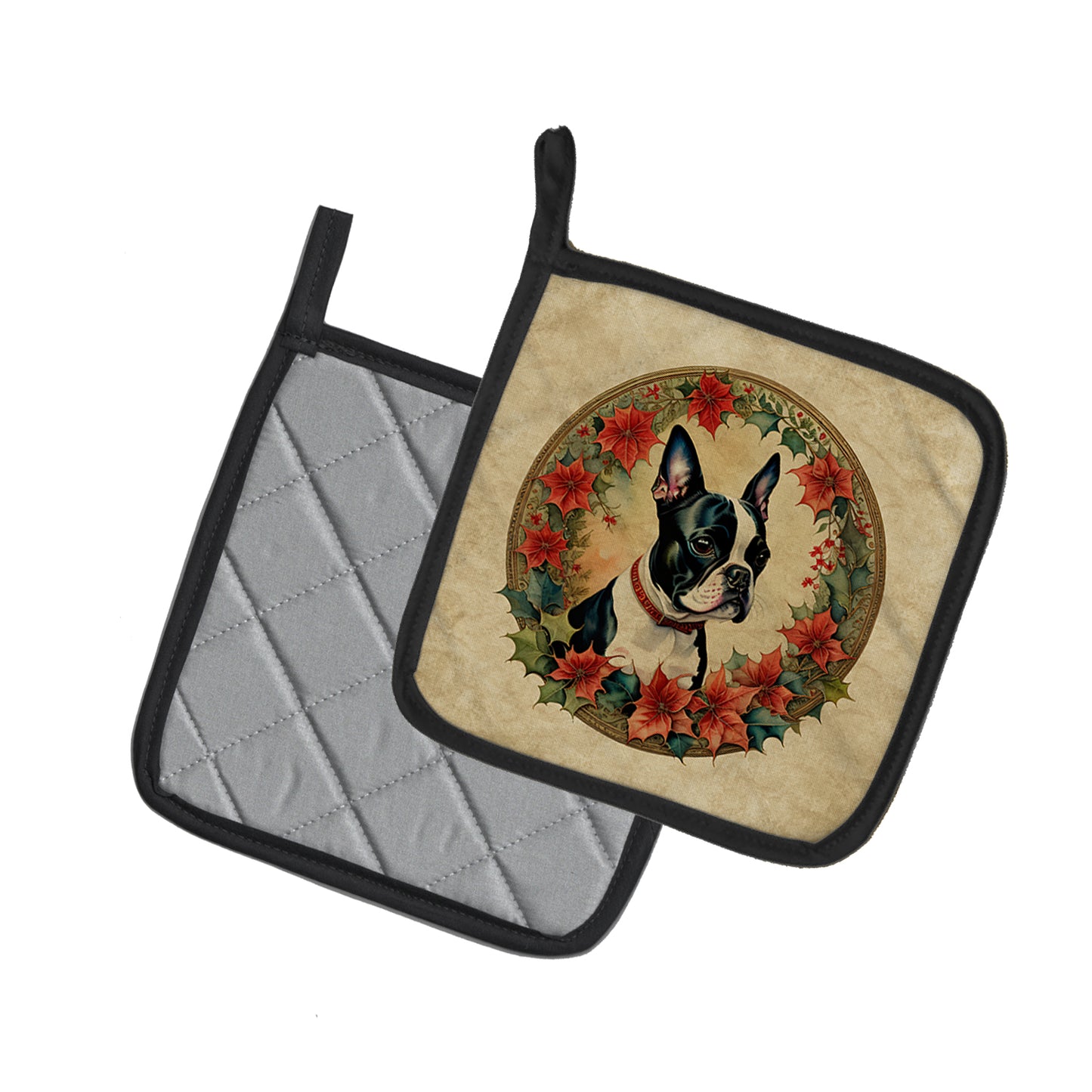 Boston Terrier Christmas Flowers Pair of Pot Holders