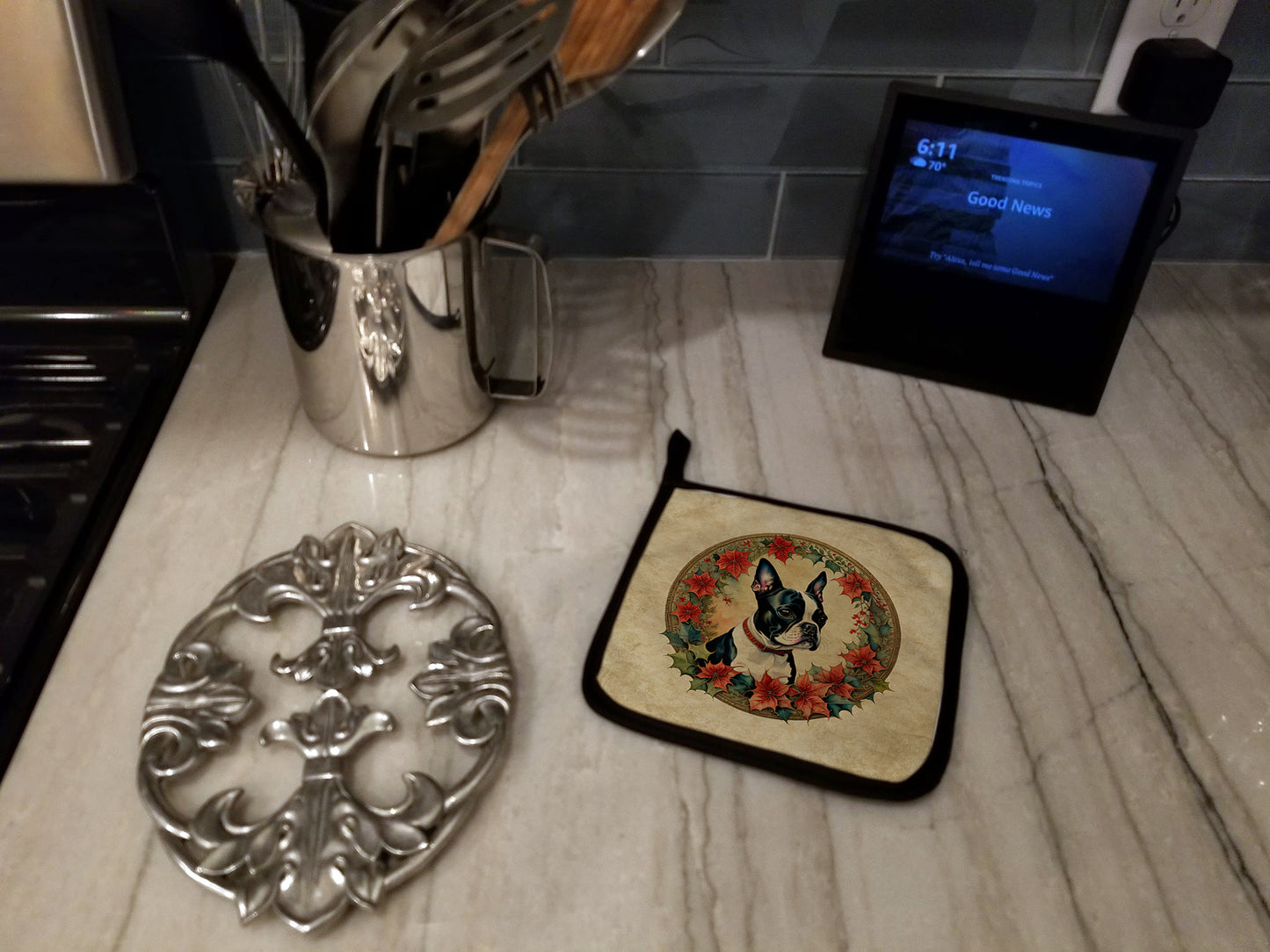Boston Terrier Christmas Flowers Pair of Pot Holders