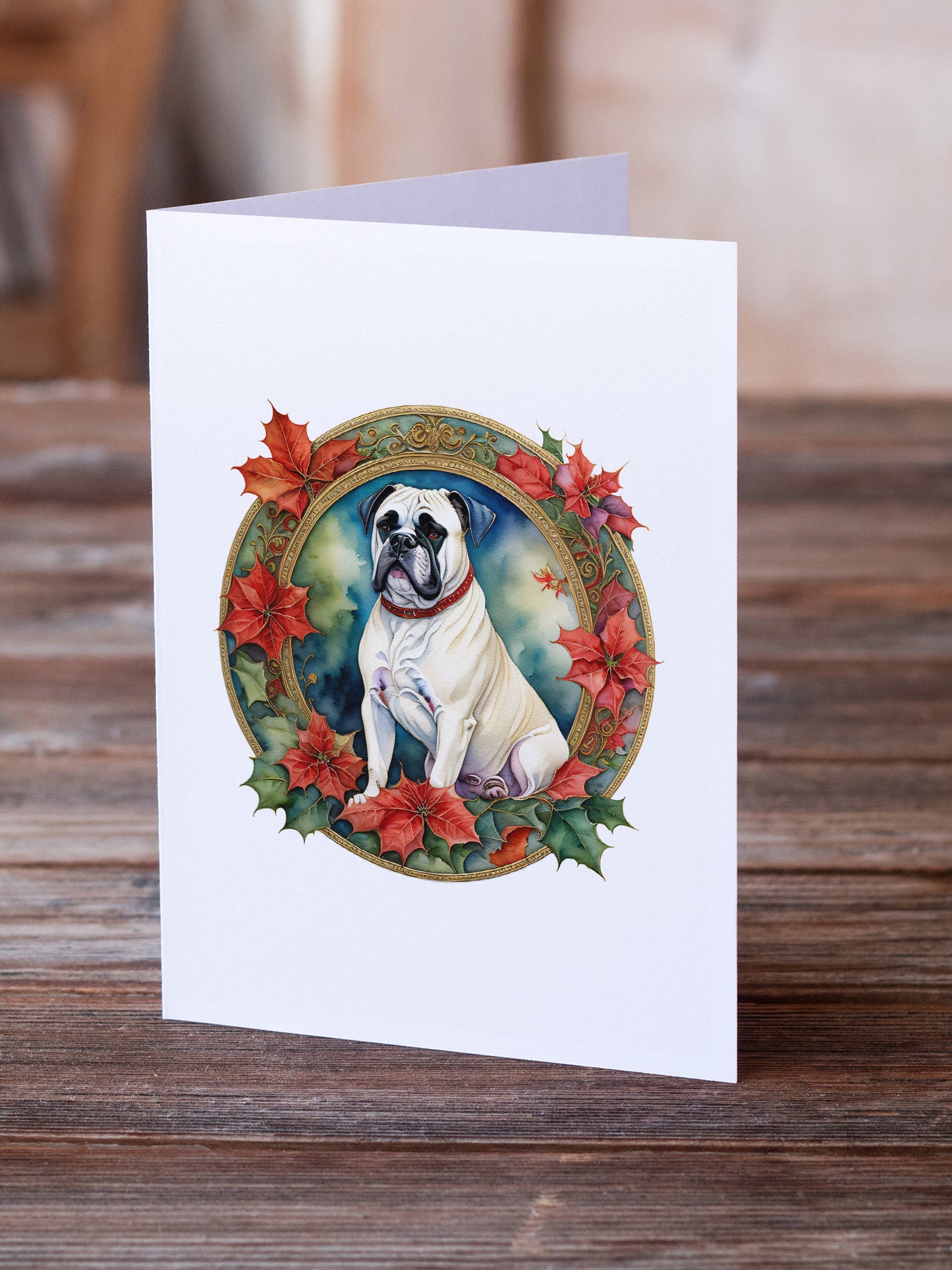 White Boxer Christmas Flowers Greeting Cards Pack of 8